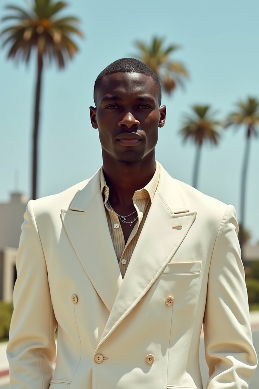 sharp and trendy man in Los Angeles wearing a summer dress/linen suit, palm trees in the background