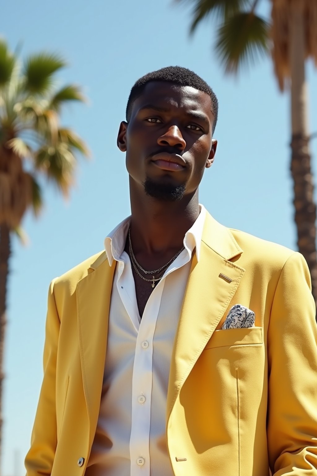 sharp and trendy man in Los Angeles wearing a summer dress/linen suit, palm trees in the background