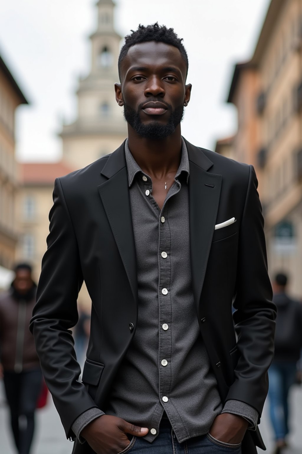 sharp and trendy man in Milan wearing a fashionable blazer and jeans, Duomo di Milano in the background