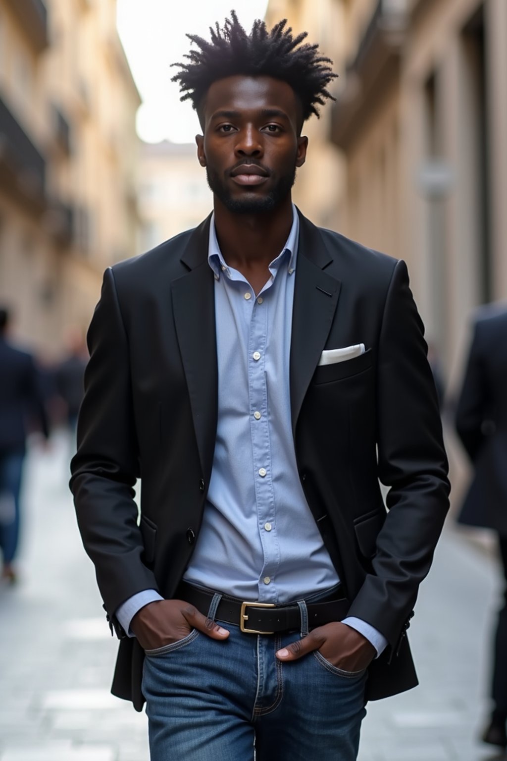 sharp and trendy man in Milan wearing a fashionable blazer and jeans, Duomo di Milano in the background