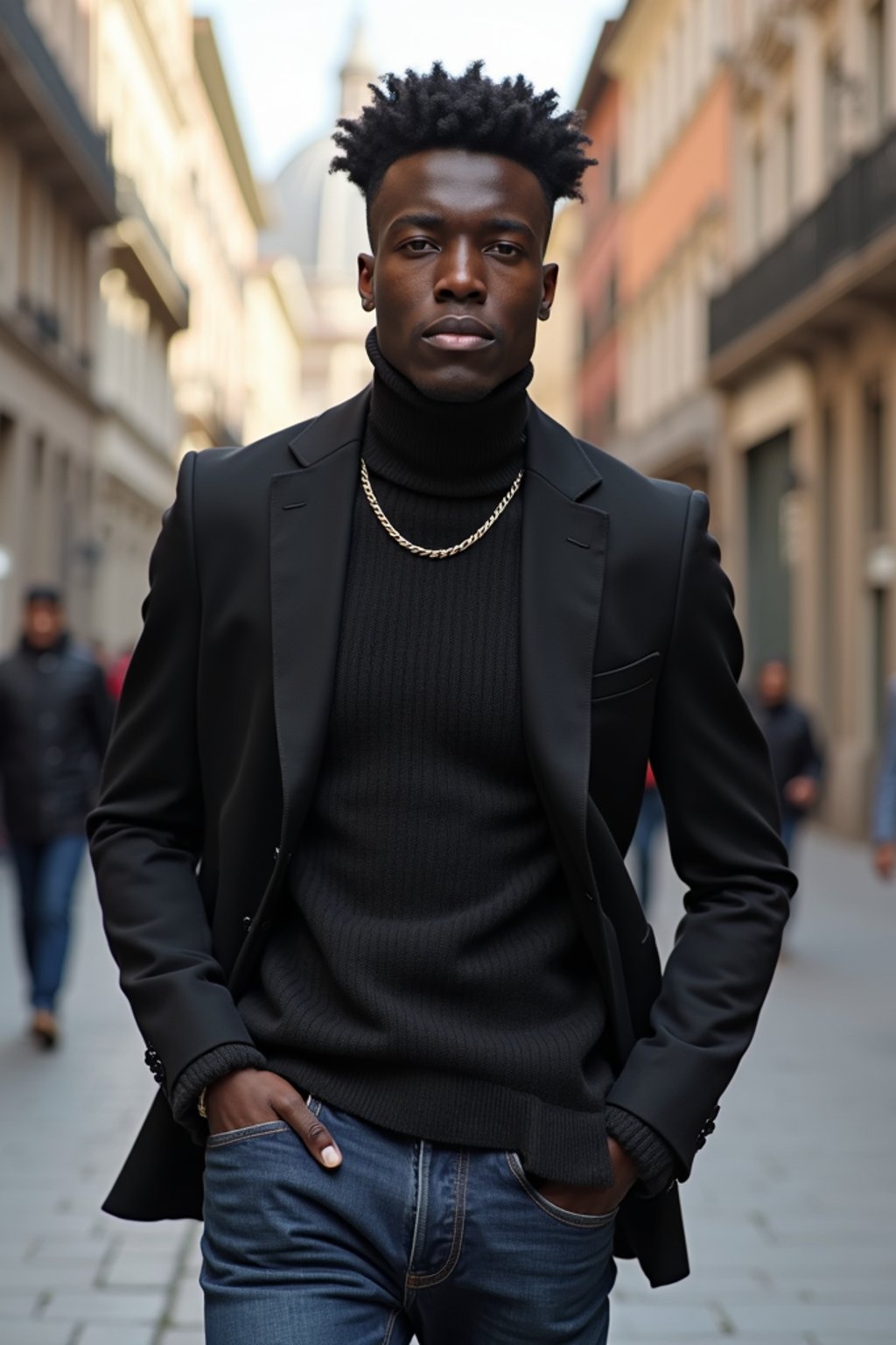 sharp and trendy man in Milan wearing a fashionable blazer and jeans, Duomo di Milano in the background