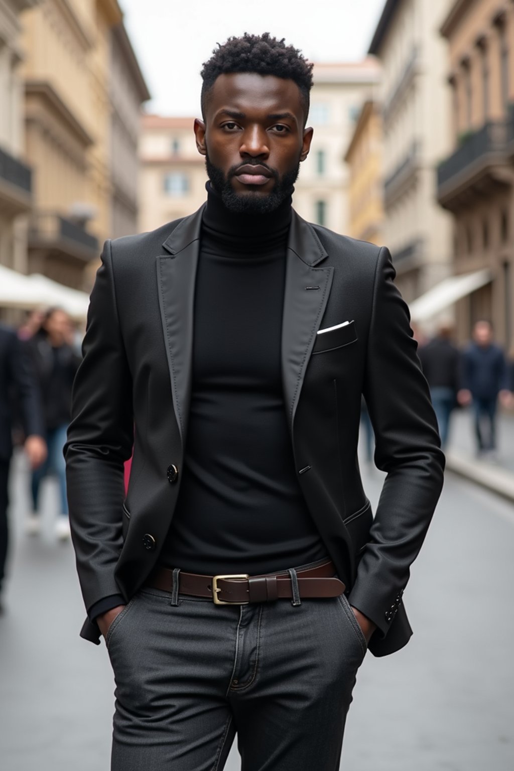 sharp and trendy man in Milan wearing a fashionable blazer and jeans, Duomo di Milano in the background