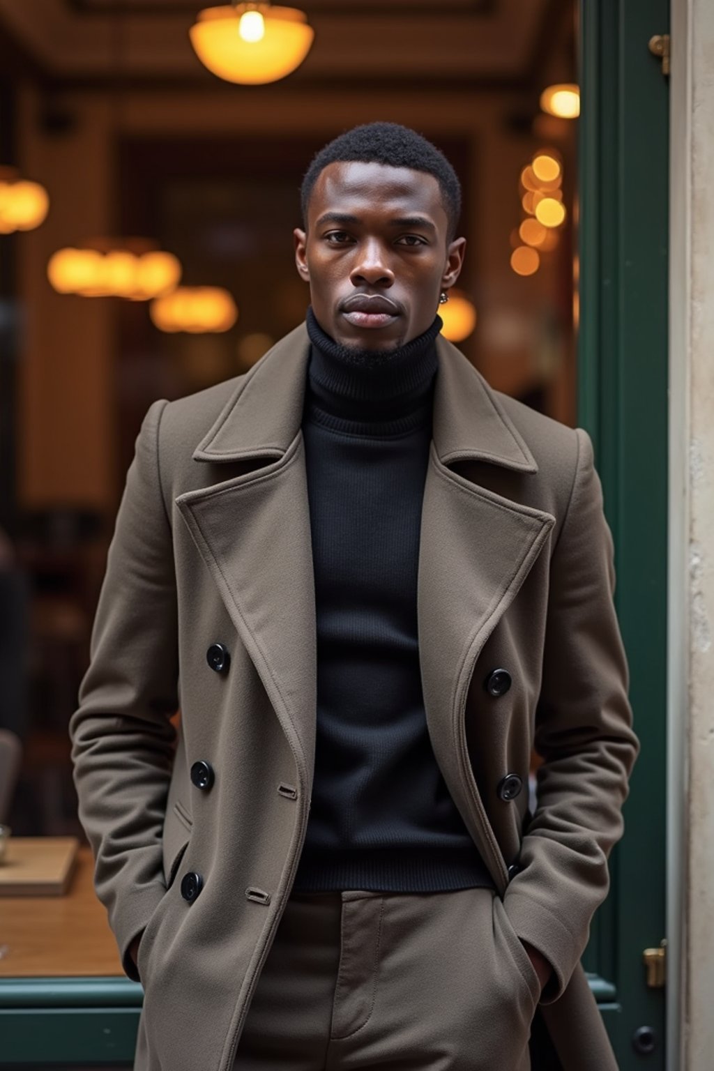 sharp and trendy man in Milan wearing high fashion attire in front of a classic Italian café