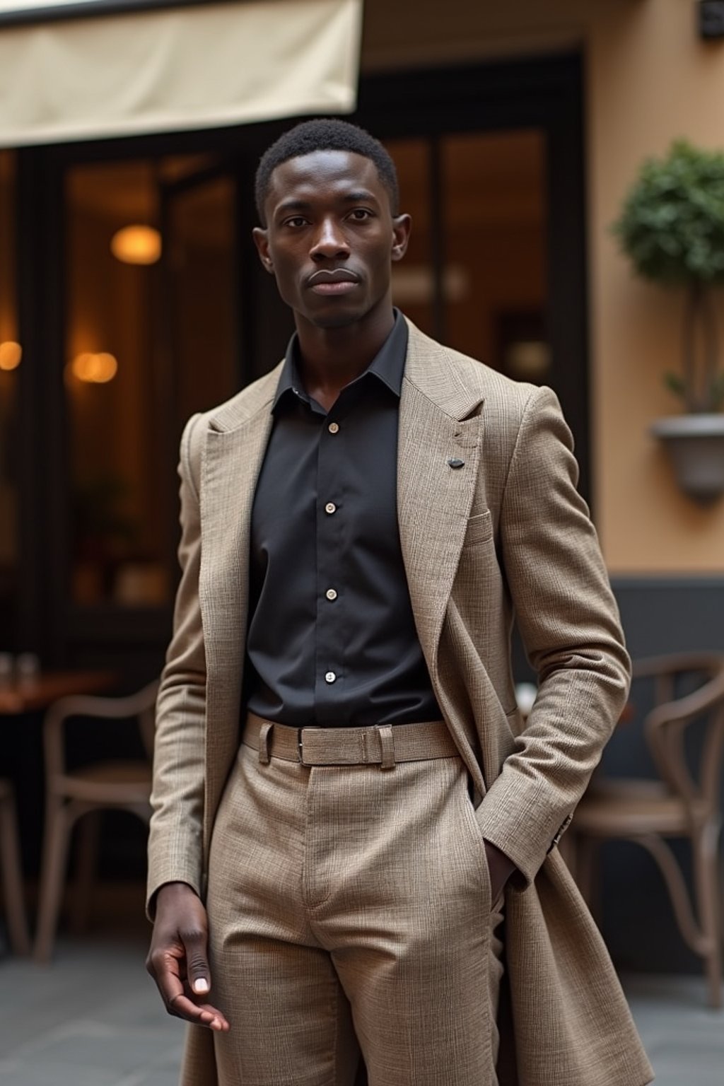 sharp and trendy man in Milan wearing high fashion attire in front of a classic Italian café