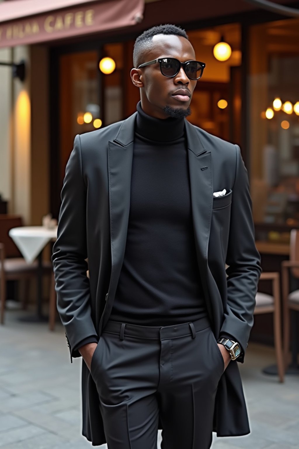 sharp and trendy man in Milan wearing high fashion attire in front of a classic Italian café