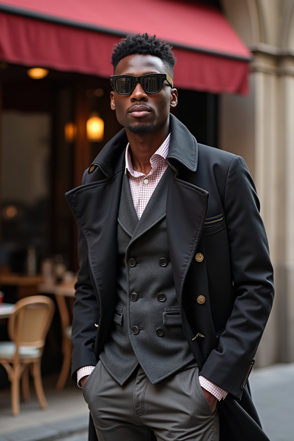 sharp and trendy man in Milan wearing high fashion attire in front of a classic Italian café