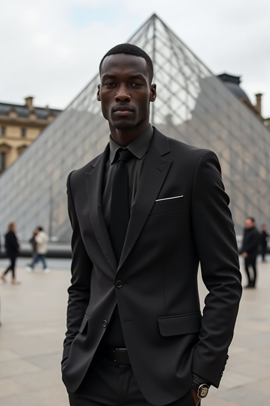 sharp and trendy man in Paris wearing a chic black dress/suit, Louvre pyramid in the background