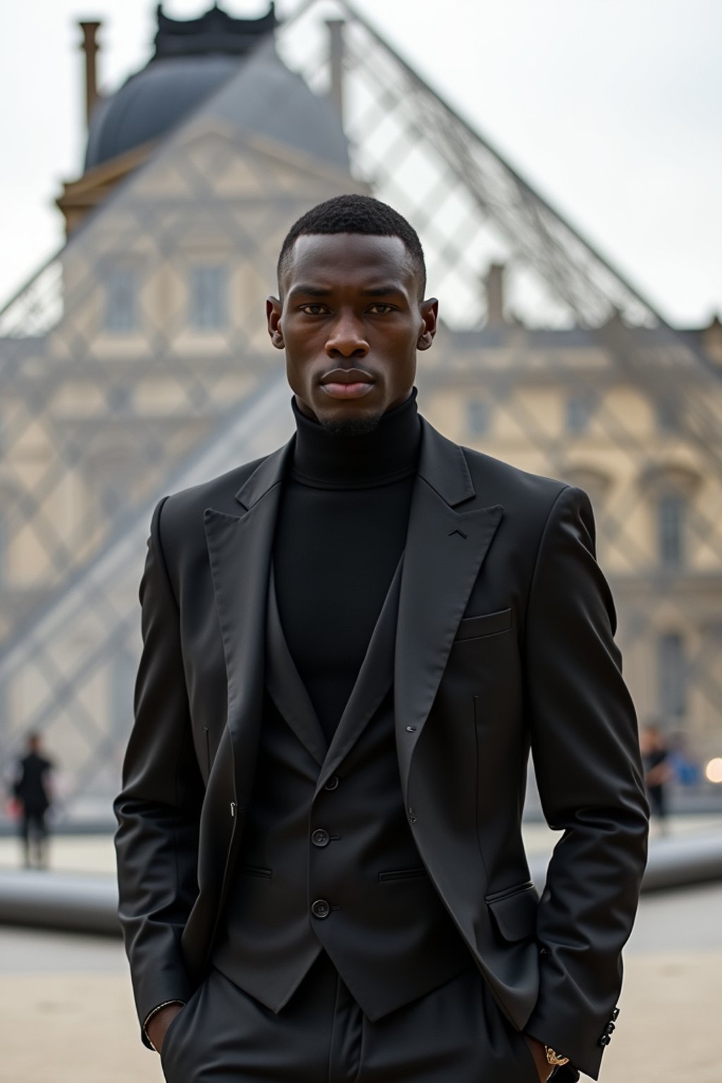 sharp and trendy man in Paris wearing a chic black dress/suit, Louvre pyramid in the background