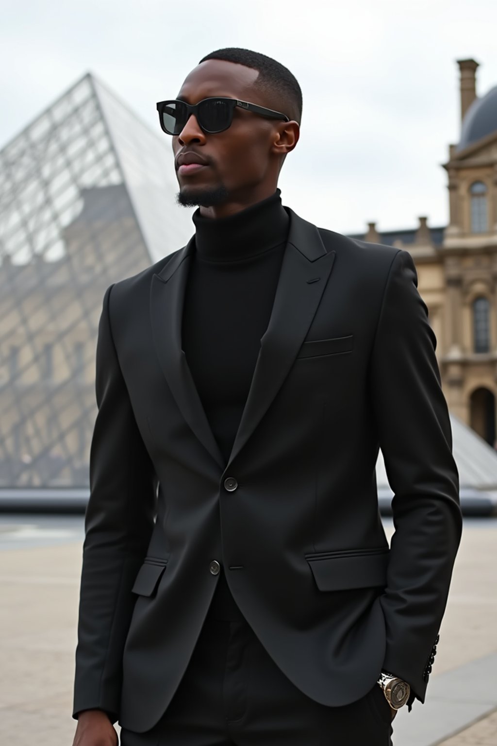 sharp and trendy man in Paris wearing a chic black dress/suit, Louvre pyramid in the background