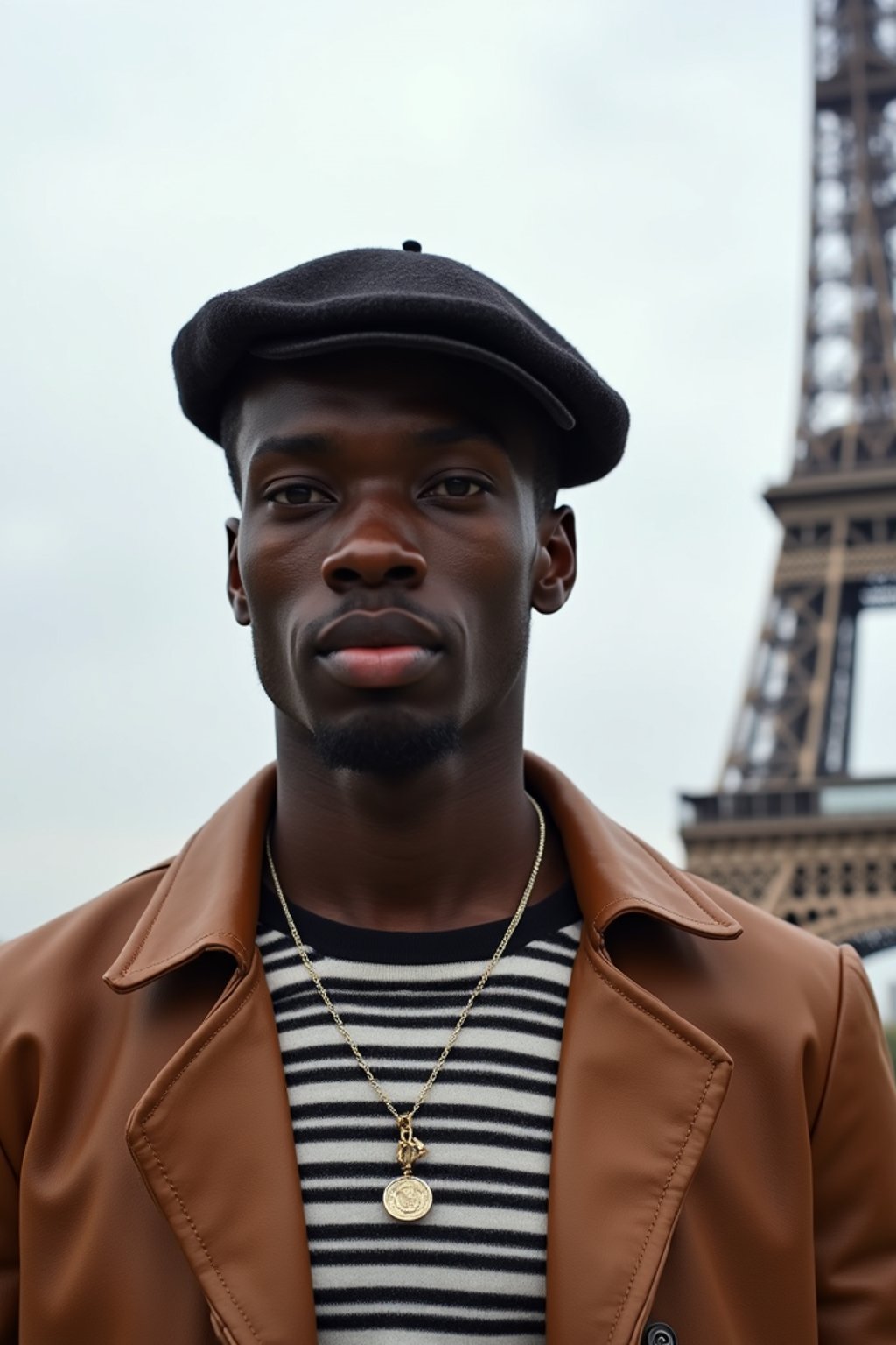 sharp and trendy man in Paris, wearing a beret and striped top, Eiffel Tower in the background