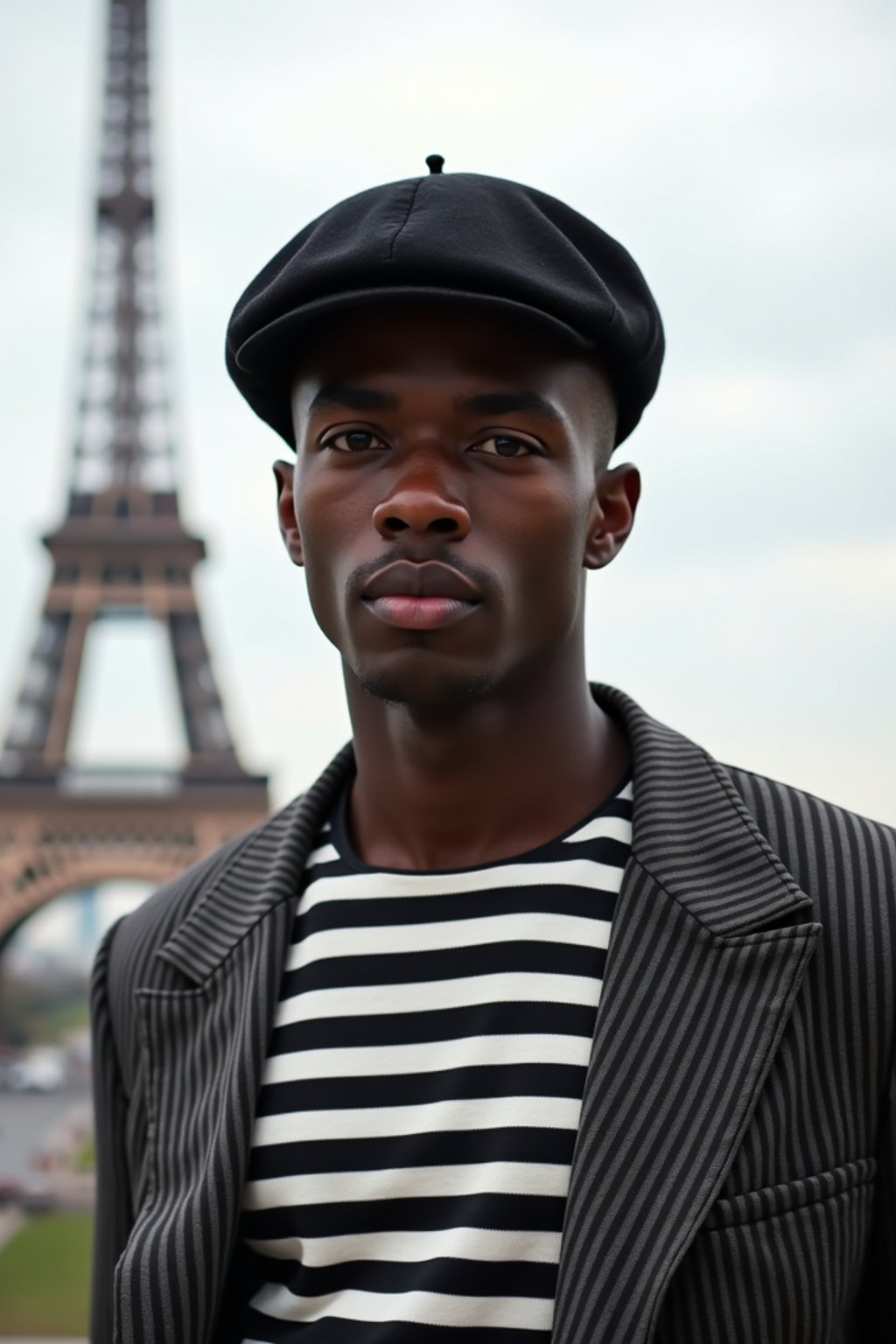 sharp and trendy man in Paris, wearing a beret and striped top, Eiffel Tower in the background