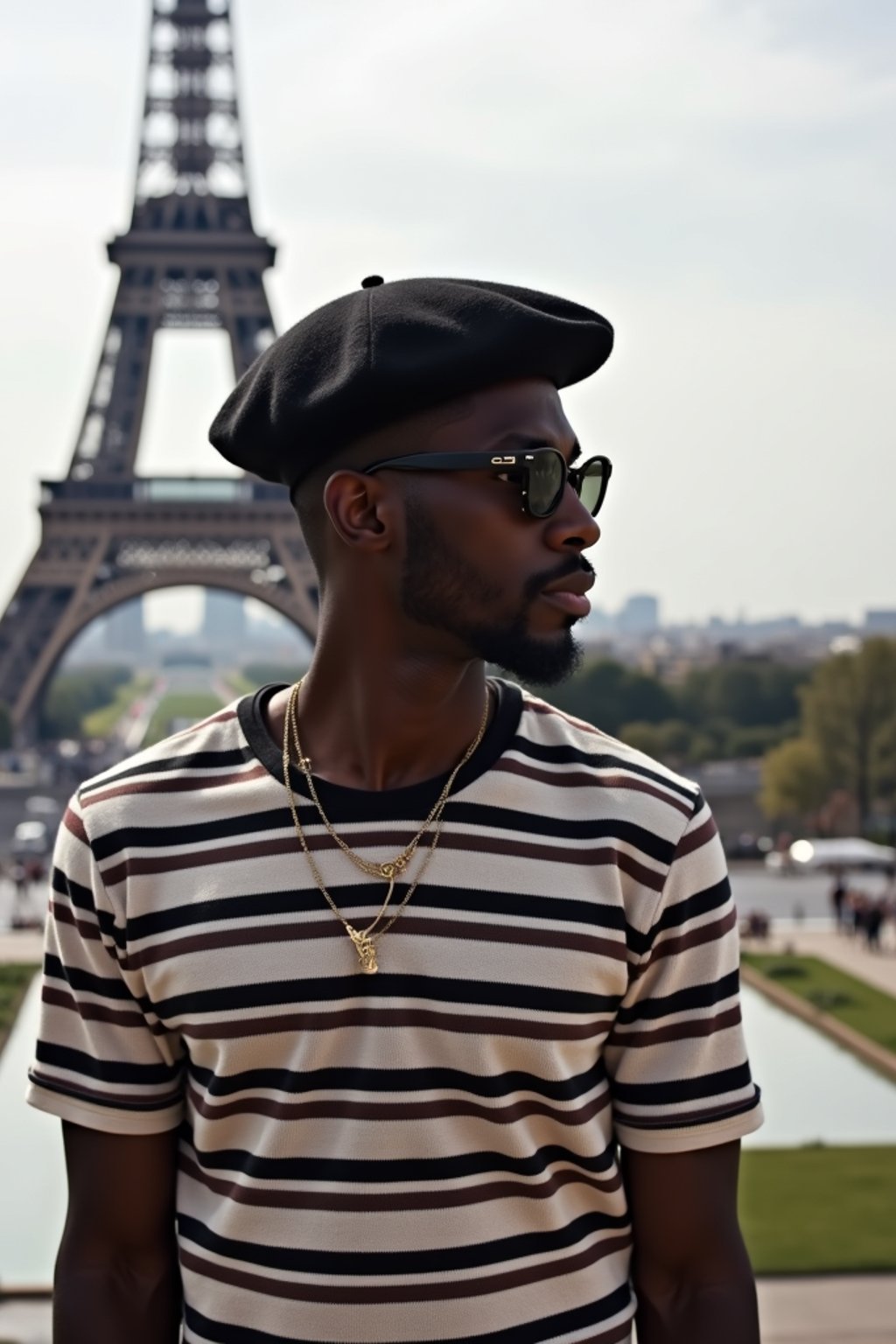 sharp and trendy man in Paris, wearing a beret and striped top, Eiffel Tower in the background