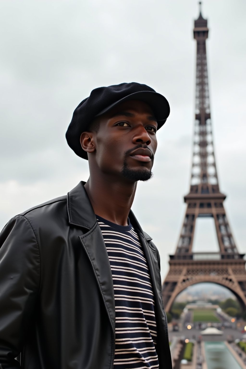 sharp and trendy man in Paris, wearing a beret and striped top, Eiffel Tower in the background