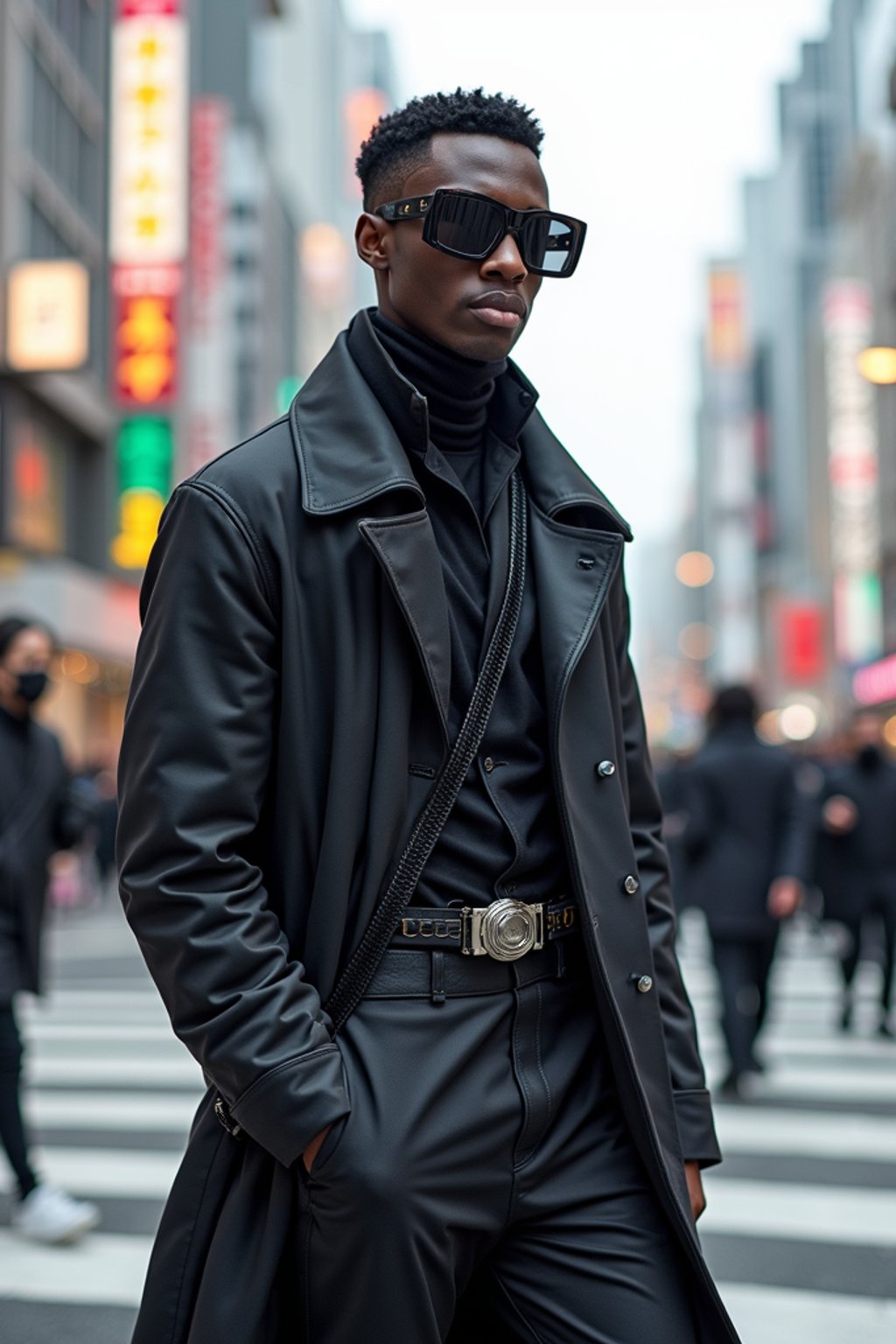 sharp and trendy man in Tokyo wearing a futuristic outfit, Shibuya crossing in the background