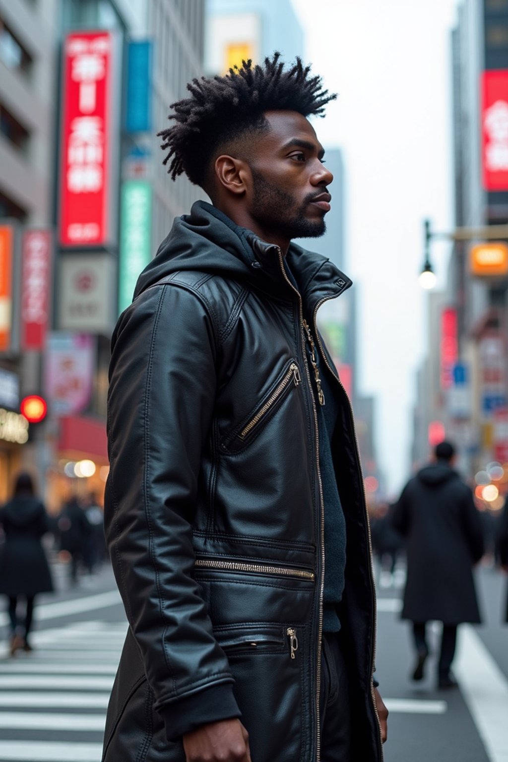 sharp and trendy man in Tokyo wearing a futuristic outfit, Shibuya crossing in the background