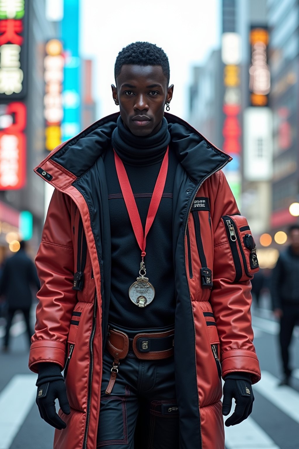 sharp and trendy man in Tokyo wearing a futuristic outfit, Shibuya crossing in the background