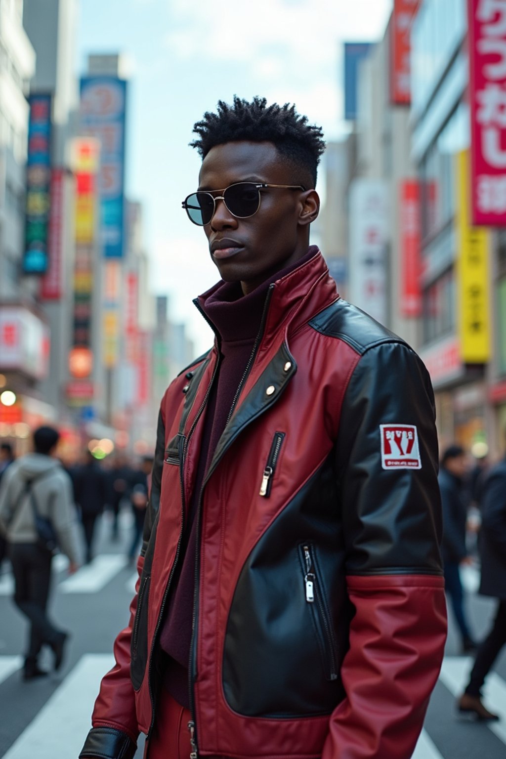 sharp and trendy man in Tokyo wearing a futuristic outfit, Shibuya crossing in the background