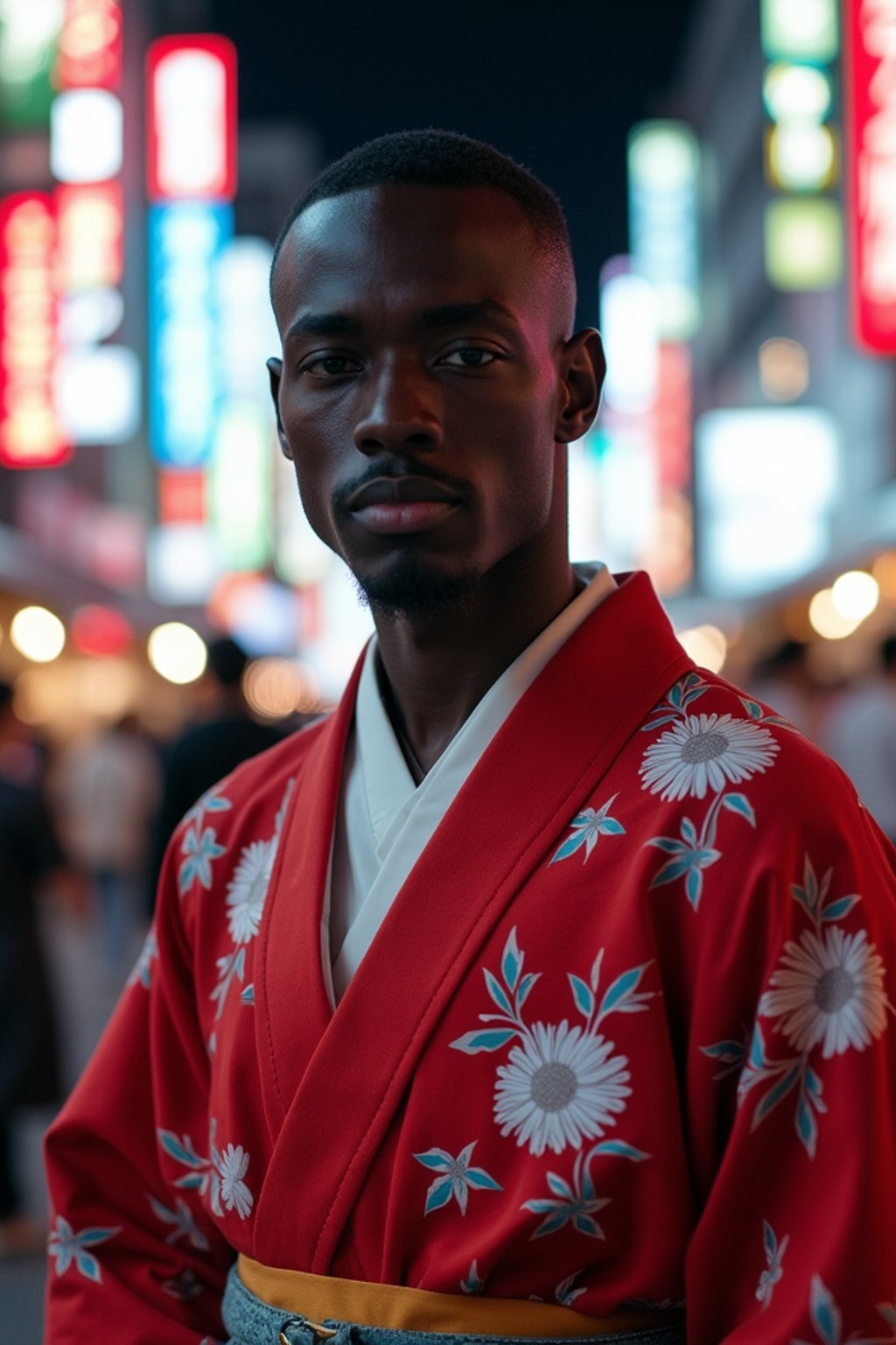 sharp and trendy man in Tokyo wearing a modern take on a traditional kimono, neon lights of the city in the background