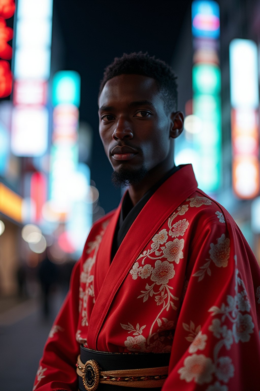 sharp and trendy man in Tokyo wearing a modern take on a traditional kimono, neon lights of the city in the background