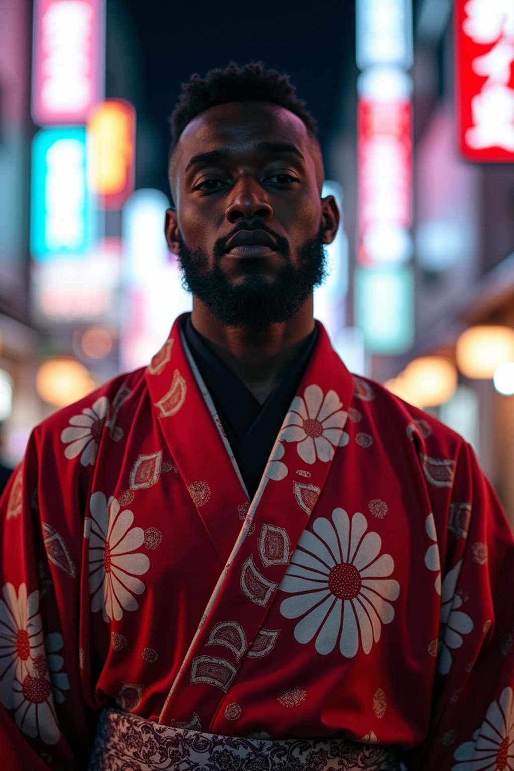 sharp and trendy man in Tokyo wearing a modern take on a traditional kimono, neon lights of the city in the background