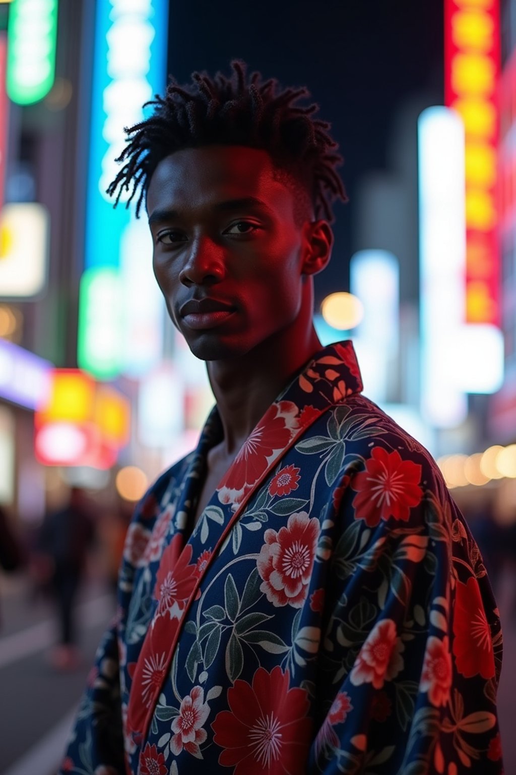 sharp and trendy man in Tokyo wearing a modern take on a traditional kimono, neon lights of the city in the background