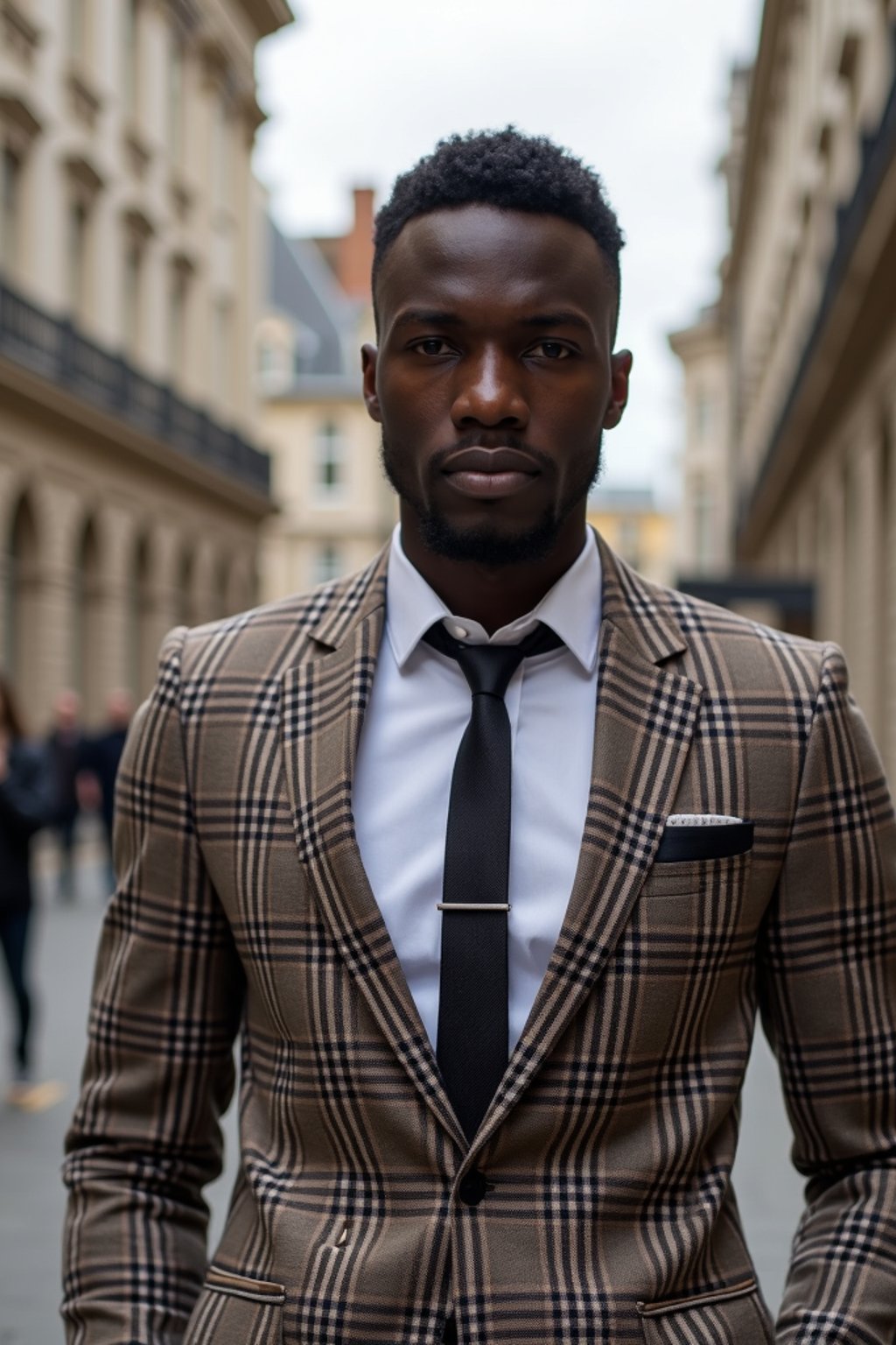 sharp and trendy man in London wearing a checkered suit, Big Ben in the background