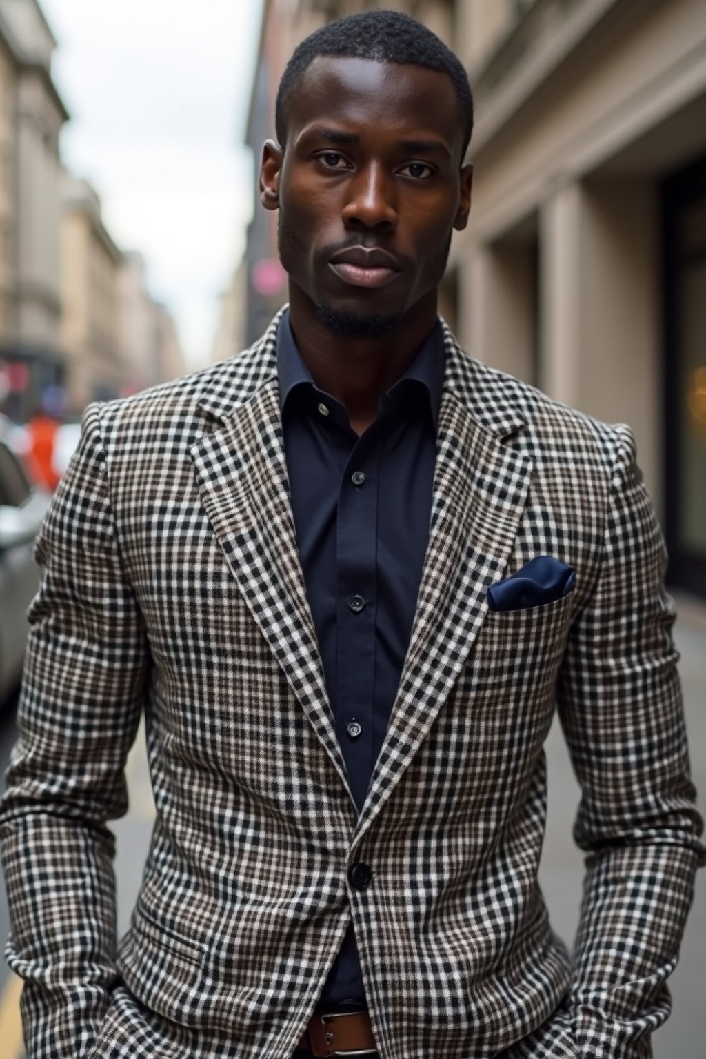 sharp and trendy man in London wearing a checkered suit, Big Ben in the background