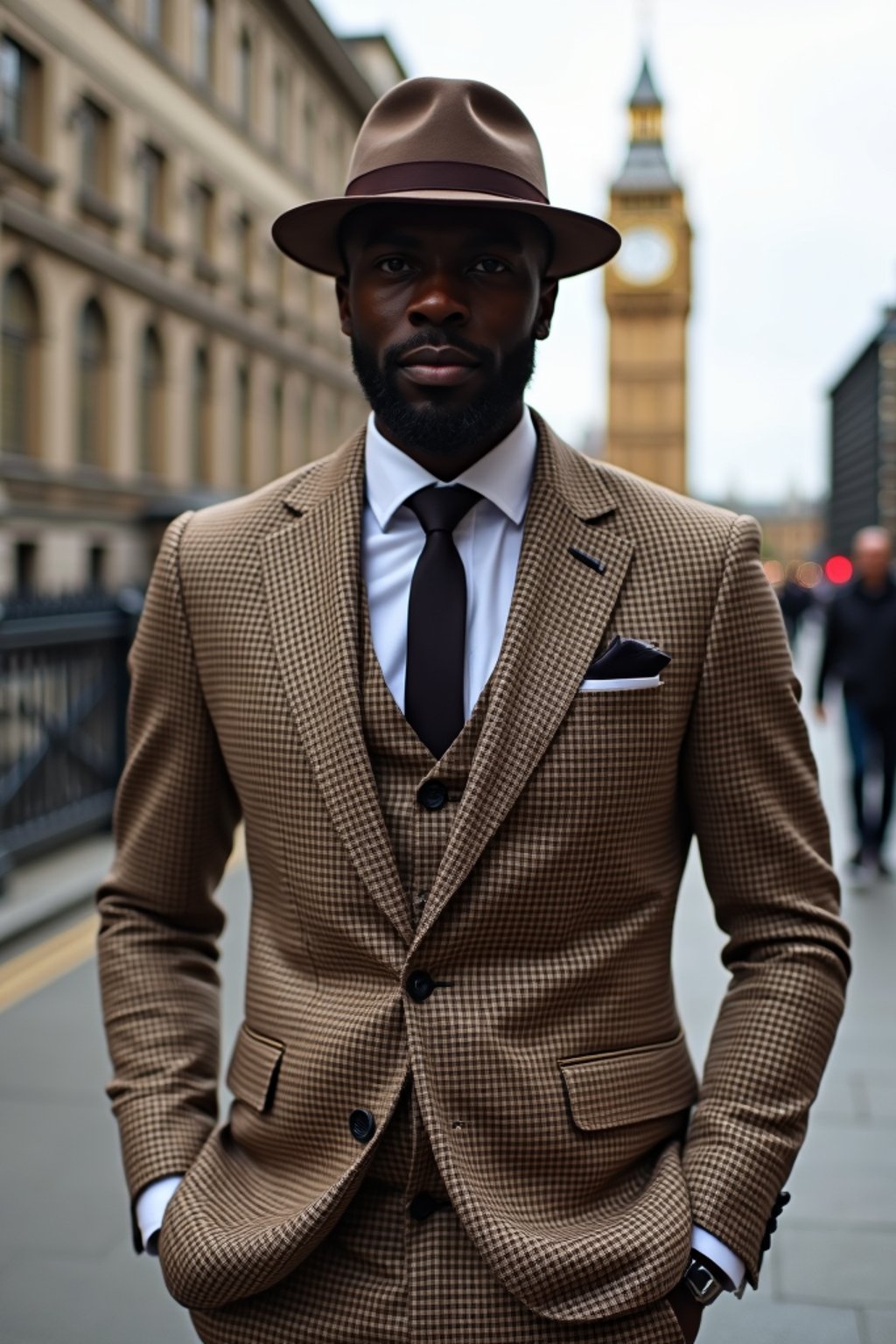 sharp and trendy man in London wearing a checkered suit, Big Ben in the background