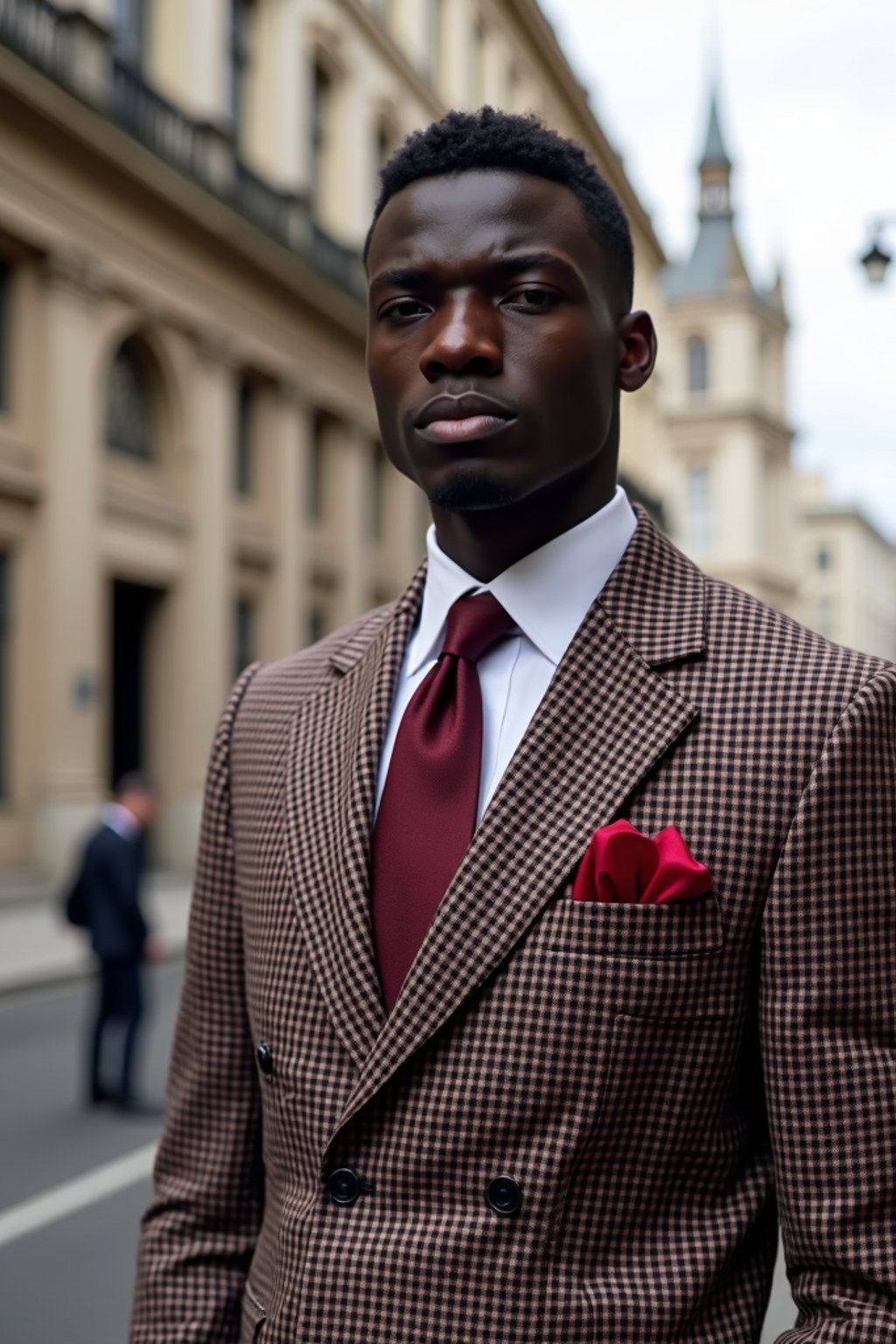 sharp and trendy man in London wearing a checkered suit, Big Ben in the background