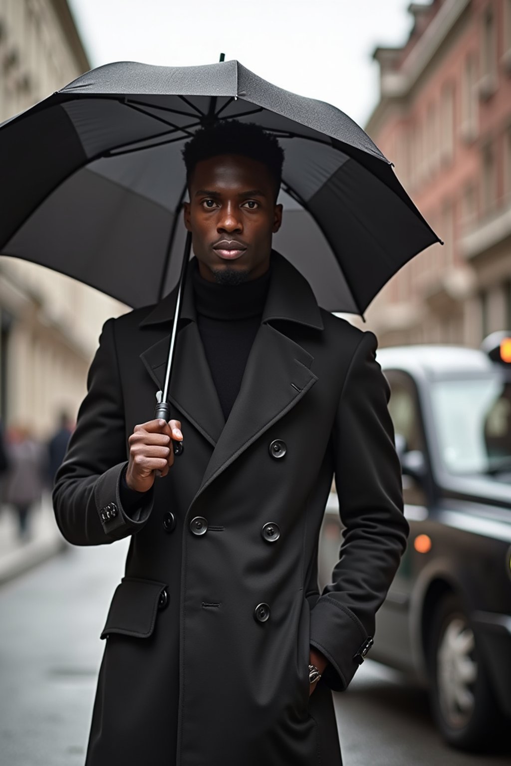 sharp and trendy man in London sporting a trench coat and holding an umbrella, iconic London cab in the background