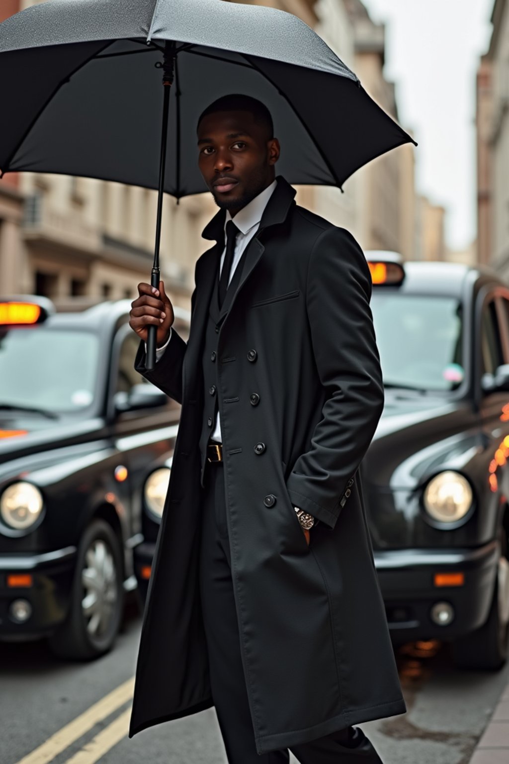 sharp and trendy man in London sporting a trench coat and holding an umbrella, iconic London cab in the background