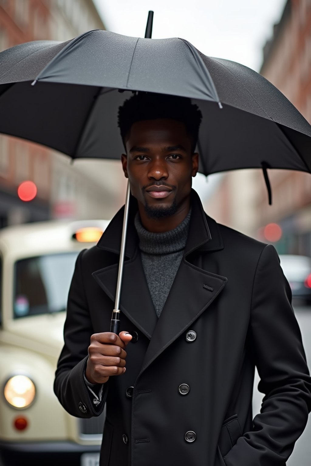 sharp and trendy man in London sporting a trench coat and holding an umbrella, iconic London cab in the background