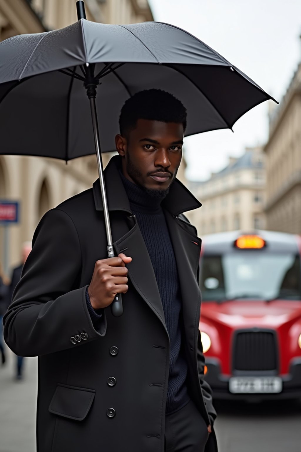 sharp and trendy man in London sporting a trench coat and holding an umbrella, iconic London cab in the background