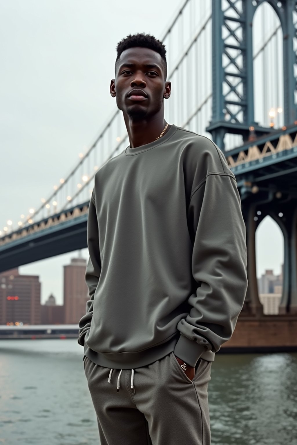 sharp and trendy man in New York City wearing an oversized sweatshirt and high top sneakers, Brooklyn Bridge in the background