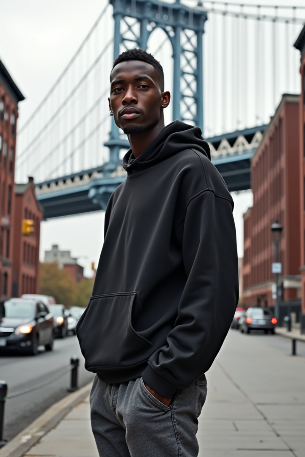 sharp and trendy man in New York City wearing an oversized sweatshirt and high top sneakers, Brooklyn Bridge in the background