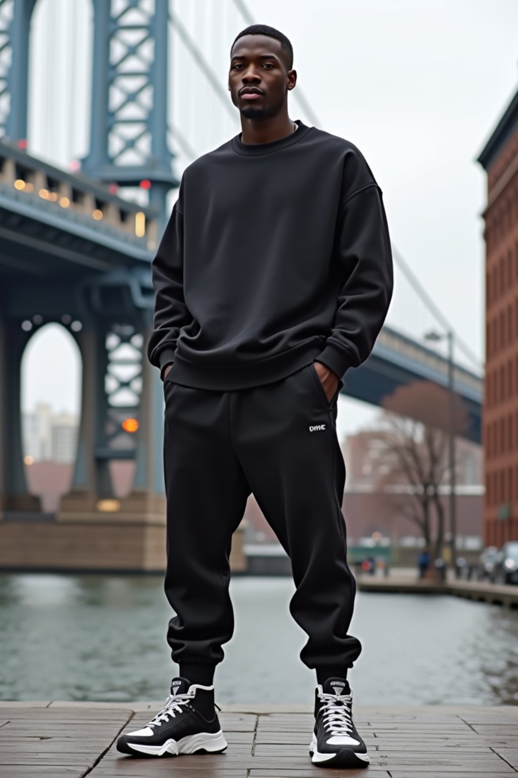 sharp and trendy man in New York City wearing an oversized sweatshirt and high top sneakers, Brooklyn Bridge in the background