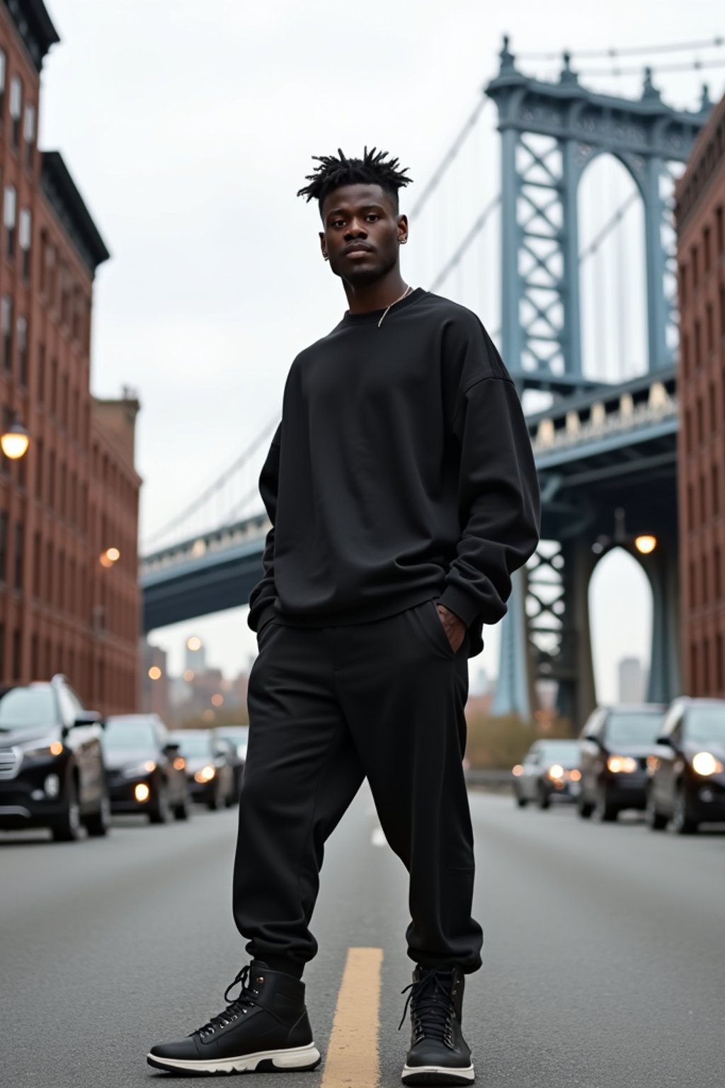 sharp and trendy man in New York City wearing an oversized sweatshirt and high top sneakers, Brooklyn Bridge in the background