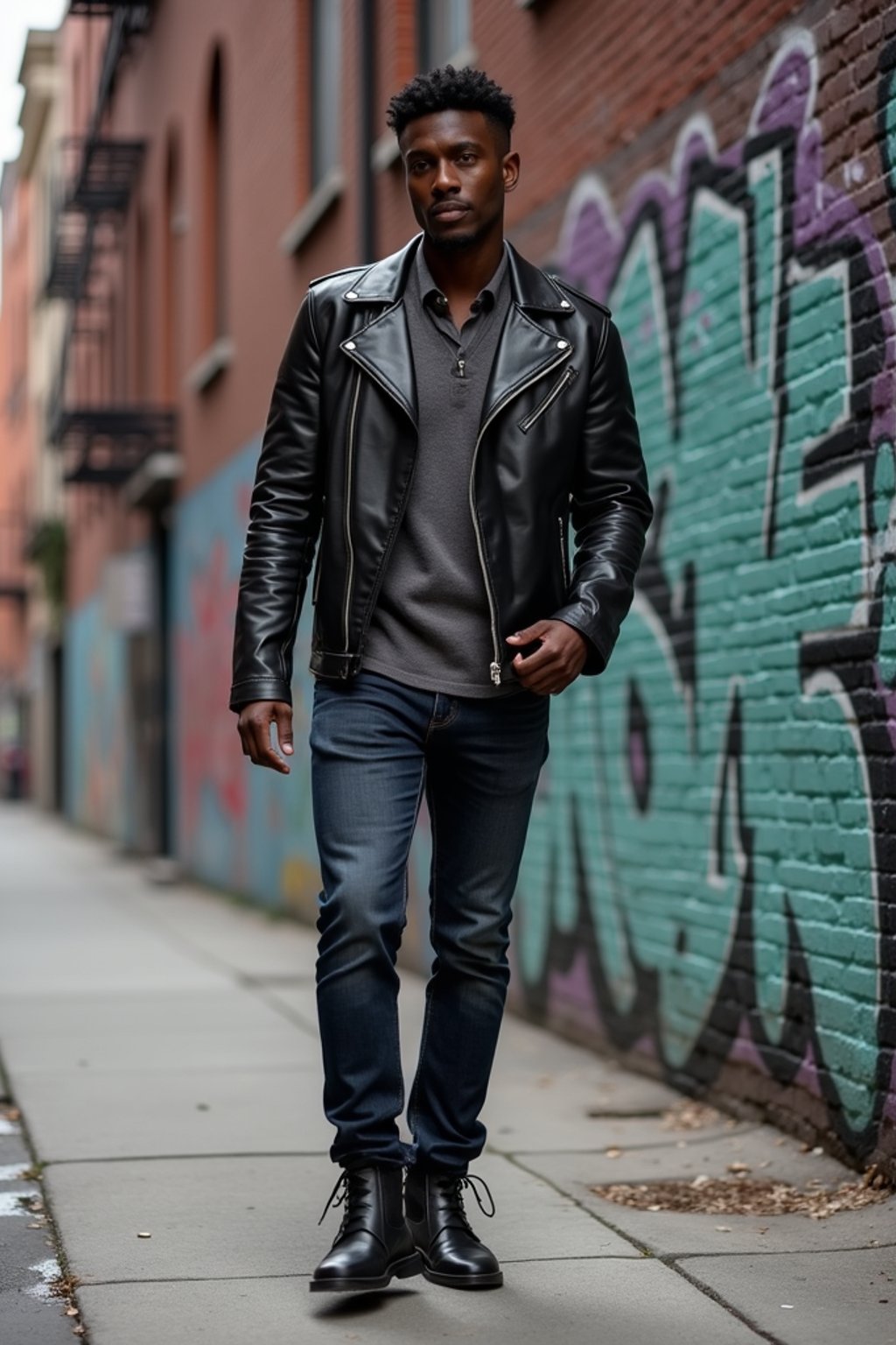 sharp and trendy man in New York City wearing a leather jacket, jeans, and boots with urban graffiti in the background