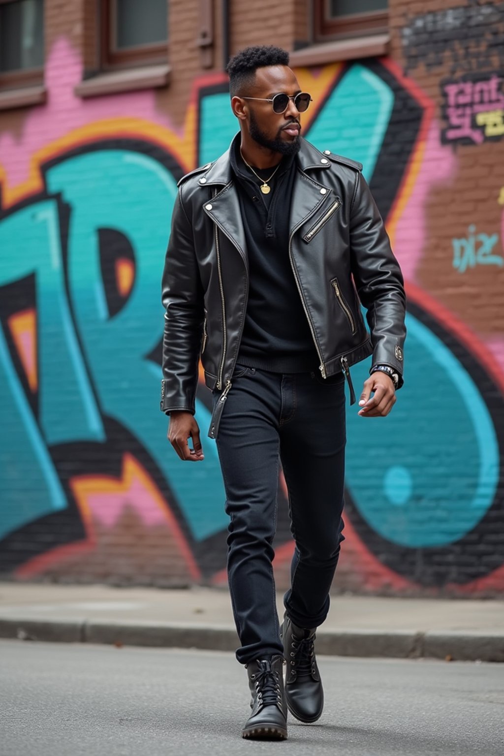 sharp and trendy man in New York City wearing a leather jacket, jeans, and boots with urban graffiti in the background