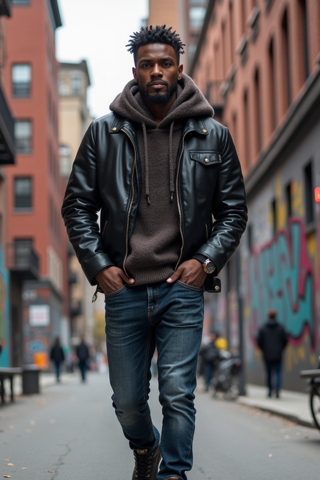 sharp and trendy man in New York City wearing a leather jacket, jeans, and boots with urban graffiti in the background