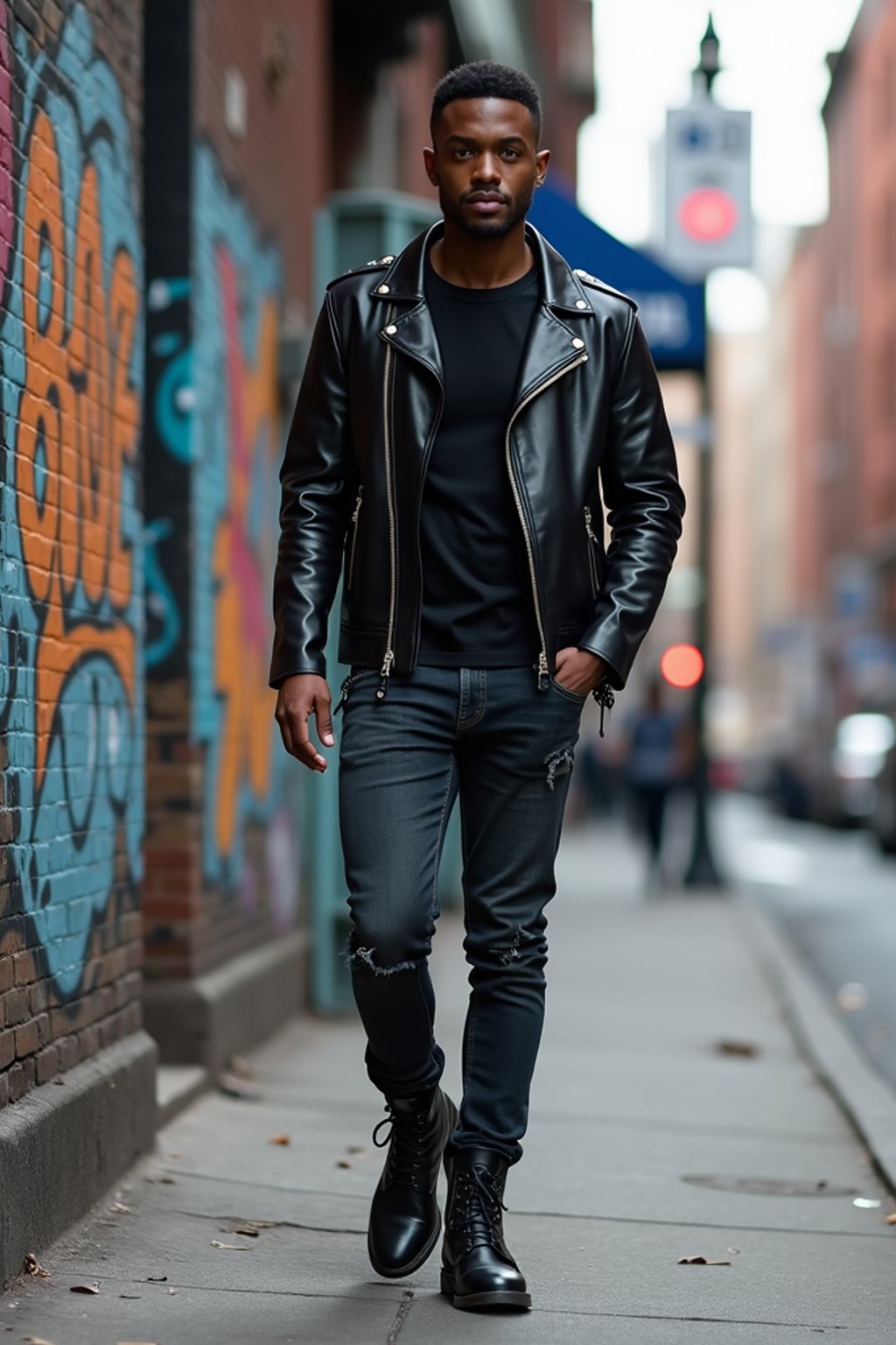 sharp and trendy man in New York City wearing a leather jacket, jeans, and boots with urban graffiti in the background