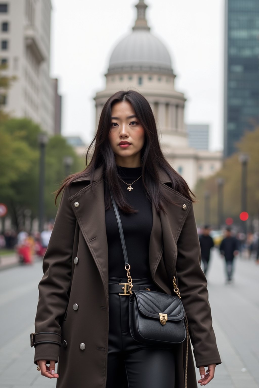 stylish and chic  woman in Buenos Aires wearing a modern street style outfit, Obelisco de Buenos Aires in the background