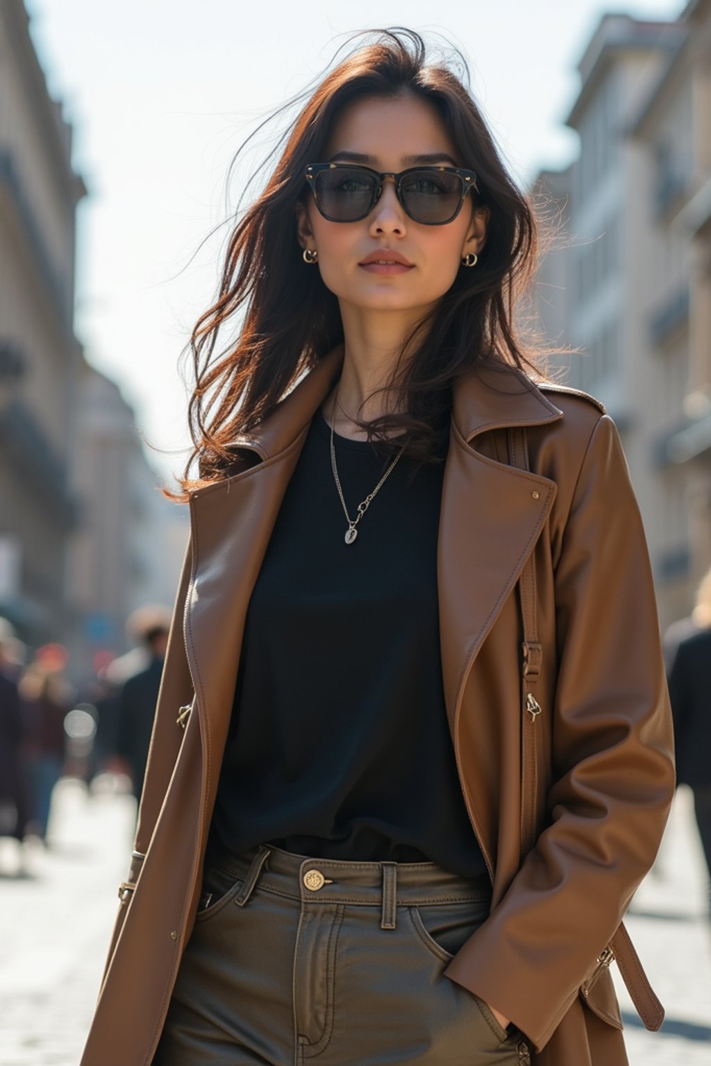 stylish and chic  woman in Buenos Aires wearing a modern street style outfit, Obelisco de Buenos Aires in the background