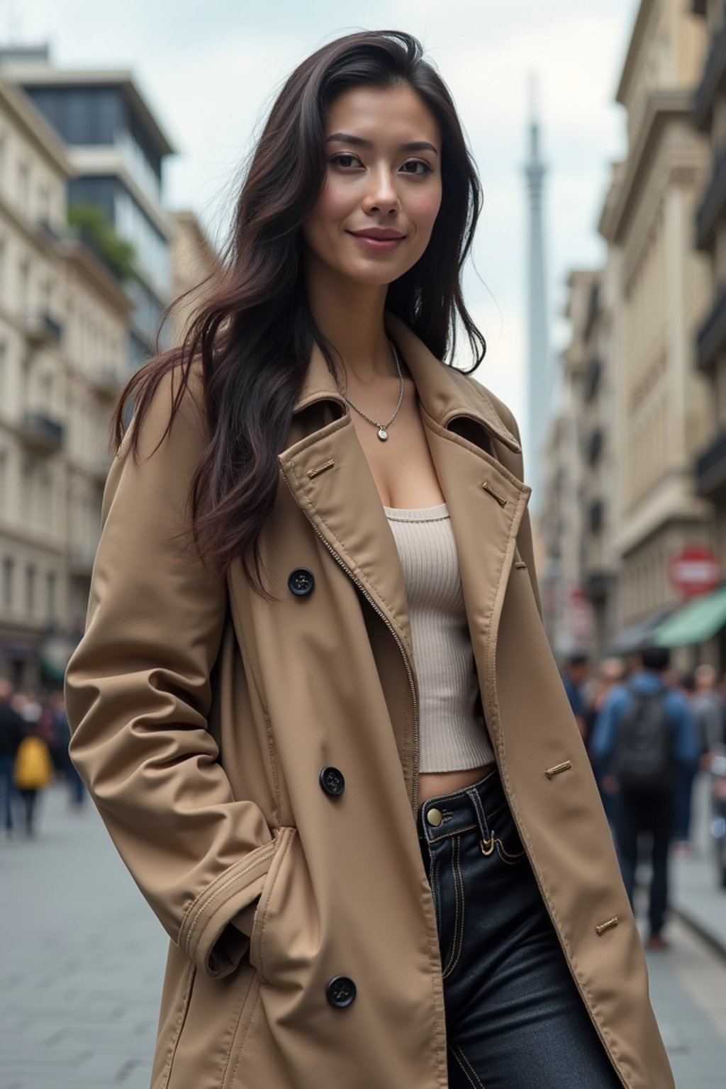 stylish and chic  woman in Buenos Aires wearing a modern street style outfit, Obelisco de Buenos Aires in the background