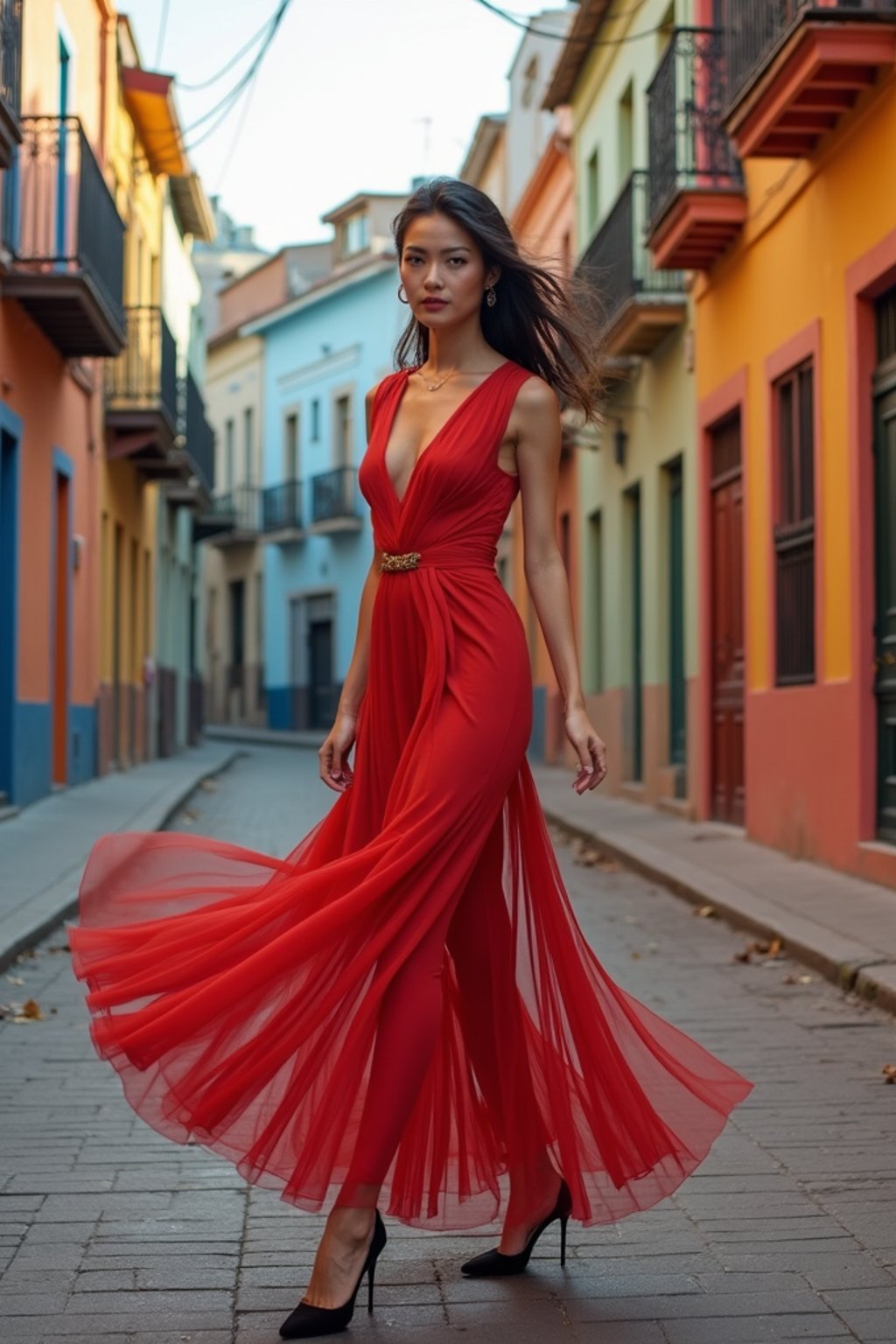 stylish and chic  woman in Buenos Aires wearing a tango-inspired dress/suit, colorful houses of La Boca neighborhood in the background