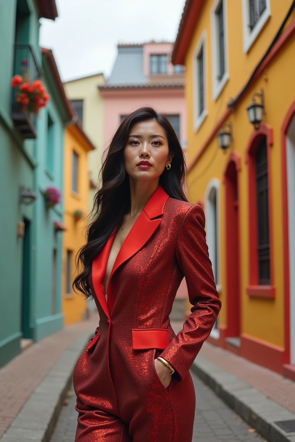 stylish and chic  woman in Buenos Aires wearing a tango-inspired dress/suit, colorful houses of La Boca neighborhood in the background