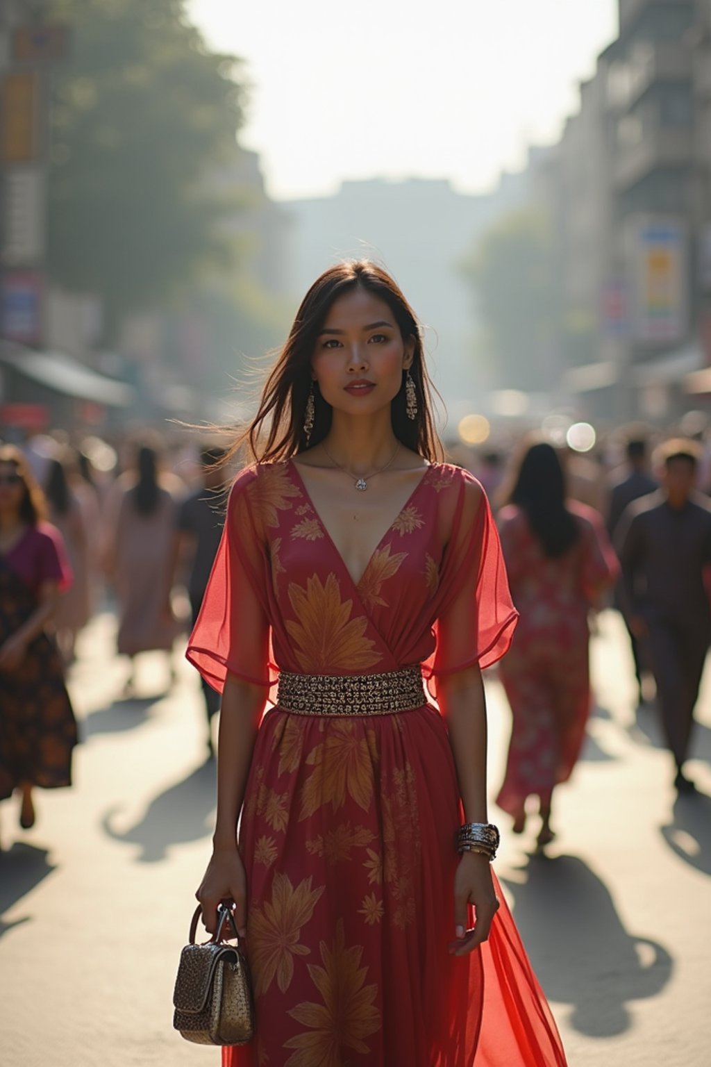 stylish and chic  woman in Mumbai wearing a contemporary fusion outfit, bustling streets of Mumbai in the background