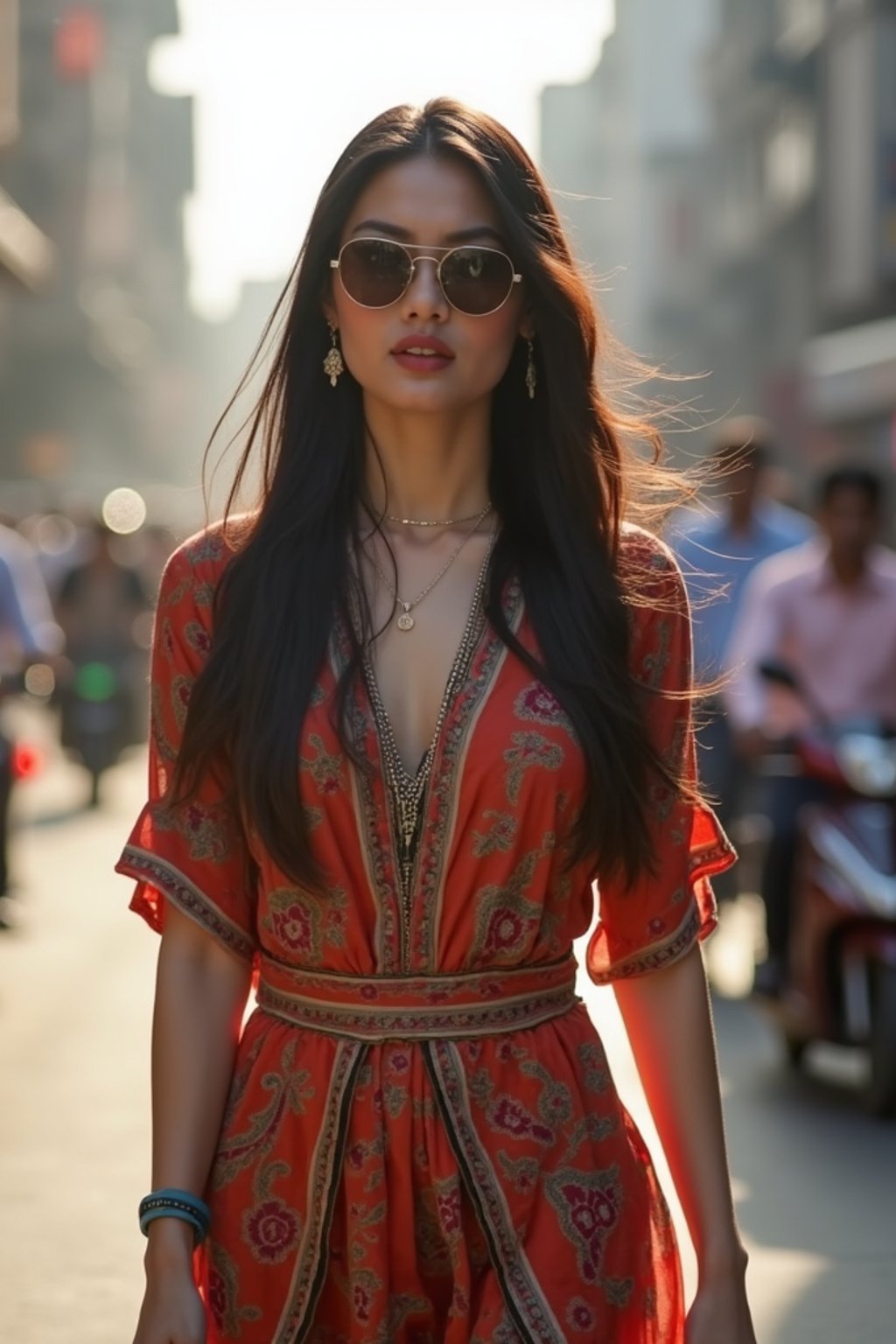 stylish and chic  woman in Mumbai wearing a contemporary fusion outfit, bustling streets of Mumbai in the background