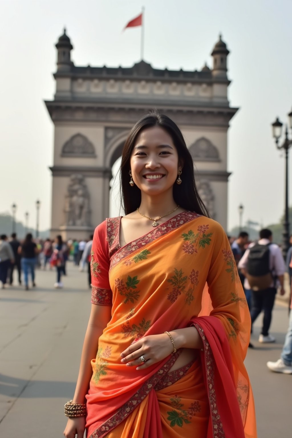 stylish and chic  woman in Mumbai wearing a vibrant saree/kurta, Gateway of India in the background