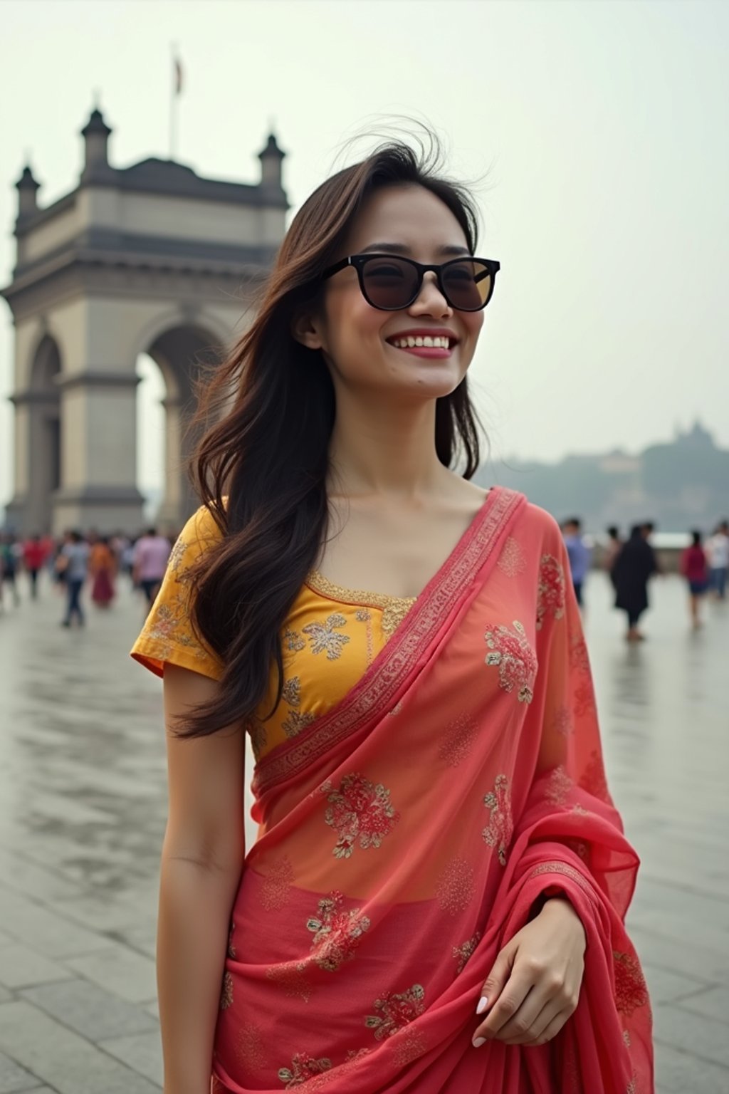 stylish and chic  woman in Mumbai wearing a vibrant saree/kurta, Gateway of India in the background